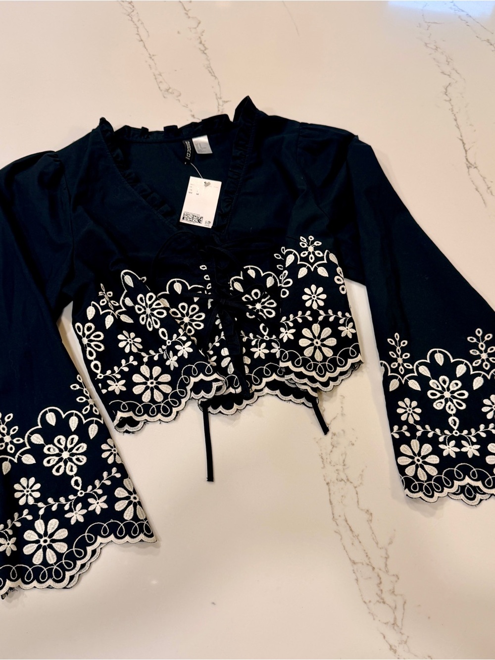 H&M Black Crop Top with White Floral Embroidery